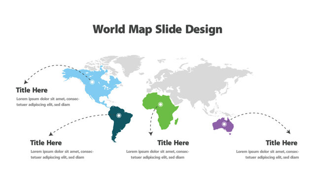 World map infographic slide design with highlighted continents for global data