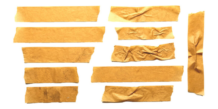 Set of realistic brown adhesive masking tape pieces with crumpled paper texture vector illustration.