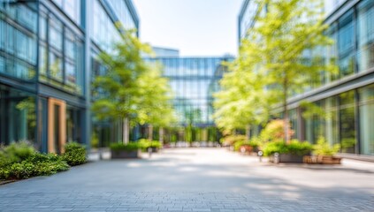 Fototapeta premium Blurred modern office buildings with trees and courtyard
