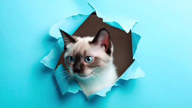 青い瞳が愛らしい猫が破れた青い紙の後ろから顔を覗かせている様子