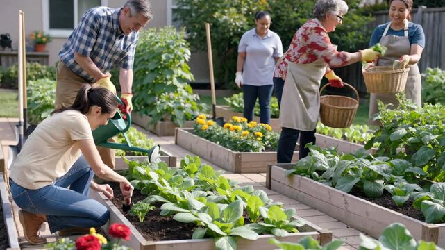 Neighbors collaborating and tending to plants in a vibrant community garden on a sunny day