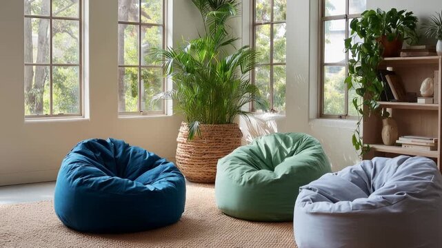 Cozy living room with three bean bag chairs and potted plants, natural light