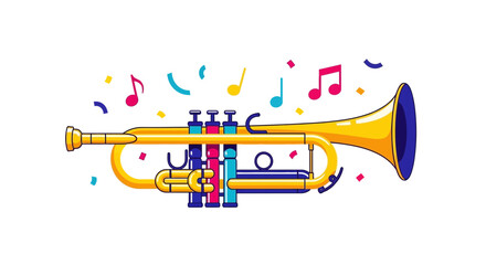 Golden Trumpet with Colorful Music Notes and Confetti - Celebration Concept © Anisah