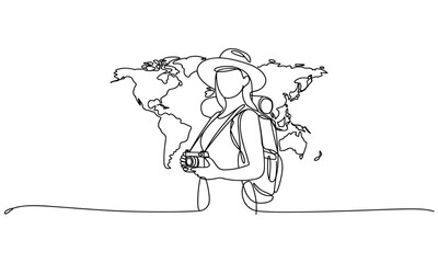Obraz premium Female traveler with a camera and backpack against world map Continuous line drawing