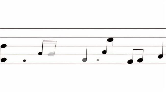 Musical staff with various black notes, dots, and beams on a bright white background