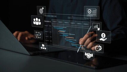 Project management dashboard showing timeline, tasks, milestones, and workflows for planning,...