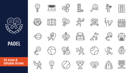 Fototapeta premium Paddle cons set. Includes racket, court, ball, and more. Outline icon with Editable stroke. Vector illustration