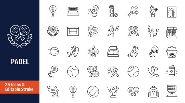 Paddle cons set. Includes racket, court, ball, and more. Outline icon with Editable stroke. Vector illustration