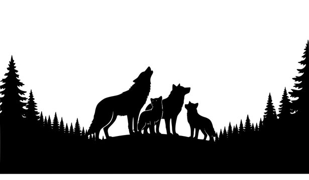 Wolf Pack with Cub Forest Mountain Silhouette Vector Cut File Design