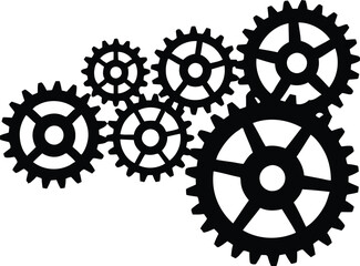 Interlocking black gears arranged in a dynamic mechanical composition