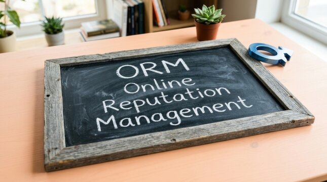 Chalkboard displays the concept of ORM Online Reputation Management with a plant on a desk.