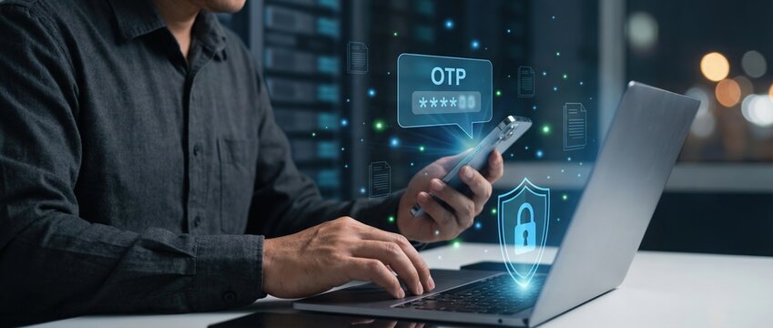 Enhancing cybersecurity user authentication process with one-time passwords in a modern office environment digital interaction close-up perspective
