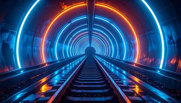 A futuristic train track tunnel with vibrant neon lights