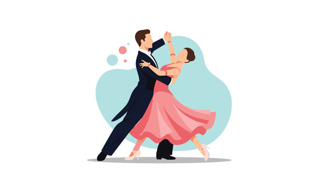 Professional ballroom dance partners in elegant formal attire performing graceful waltz or tango routine against soft blue background.