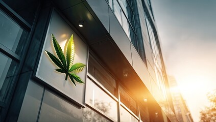 Fototapeta premium Modern building facade with illuminated green leaf emblem