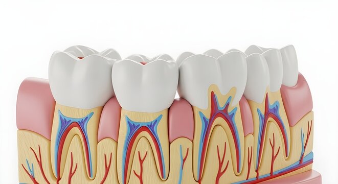 Anatomical illustration of human teeth and gums showing detailed internal structures