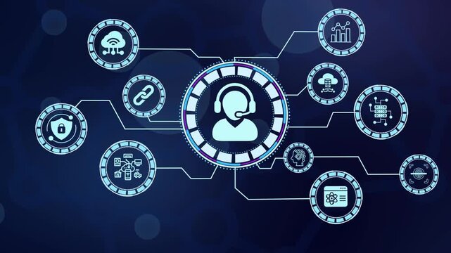 Online customer support and technical assistance services icon in a futuristic digital communication network.