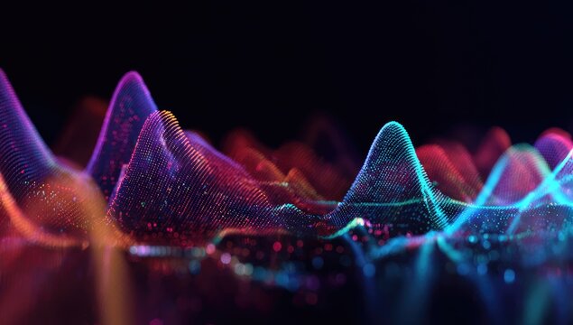 Abstract 3D digital waveform with glowing particles in vibrant colors