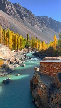 Cinematic 4K Vertical footage of Majestic Autumn Landscape of Gupis Valley with Winding Gilgit River and Golden Poplar Trees, Gilgit-Baltistan, Pakistan