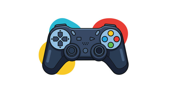 Modern video game controller gamepad with colorful buttons shown in clean vector line art style against bright abstract background shapes.