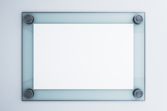 Blank signage mockup in modern glass frame mounted on light wall, clean empty display board for contemporary presentation and design showcase. 3D Rendering