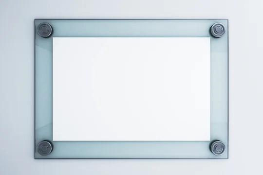 Blank signage mockup in modern glass frame mounted on light wall, clean empty display board for contemporary presentation and design showcase. 3D Rendering