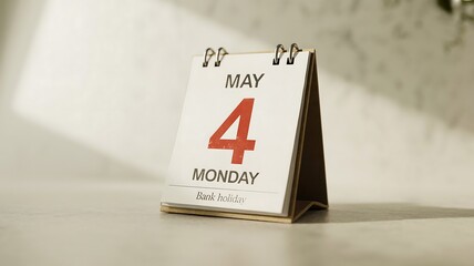 Close-up of a flip calendar showing May 4th Monday bank holiday with textured background