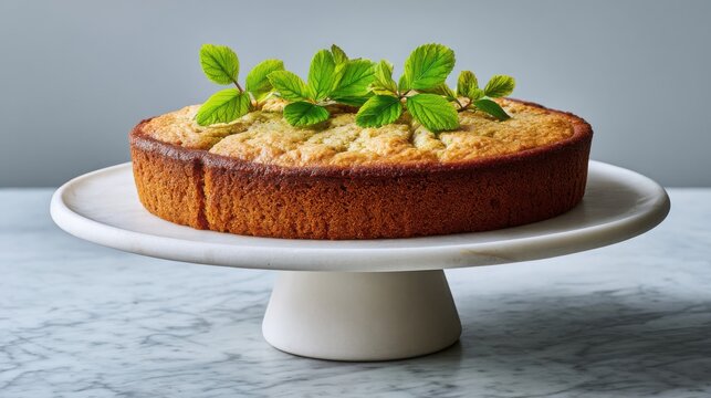 Delicious Round Cake Garnished With Fresh Mint Leaves On A White Cake Stand With Marble Surface