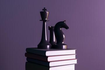 Black chess king rook and knight standing on stacked books symbolizing strategy and education against soft purple background in elegant composition. 3D Rendering © Who is Danny