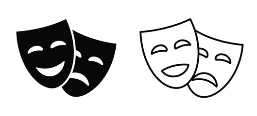Theatrical masks vector icon set, theater, theatre mask signs, masquerade mask, comedy and tragedy mask symbols, performance, drama, stage, acting, play, and artistic vector illustration collection 