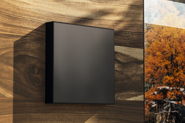 Blank square signage mockup mounted on wooden wall surface with clean modern design space for...