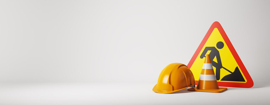 Orange construction helmet, warning sign and traffic cone on a clean light background with empty copy space forming a modern under construction scene template. 3D Rendering