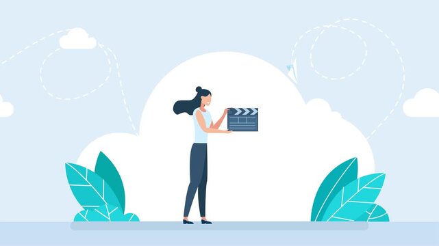 Woman holding a take board. Ready for action. Filmmaking in motion. Woman holds a film clapperboard. Director with clapperboard. Making films clips for cinema production industry. 2d flat animation