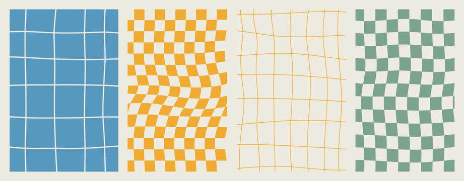 Collection of four abstract seamless patterns featuring wavy checkerboard and distorted grid designs in retro pastel blue yellow and green.
