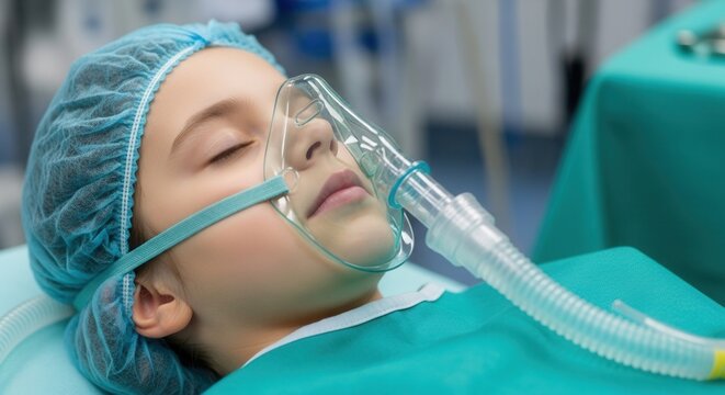 Child girl under general anesthesia with oxygen mask in surgery room. Pediatric surgery, intensive care and medical ventilation concept during operation in modern hospital background.