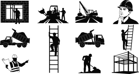 Construction worker and heavy equipment silhouettes including dump truck, crane, ladder worker, engineer and builders representing building development and industrial infrastructure concept © boishakhisarker