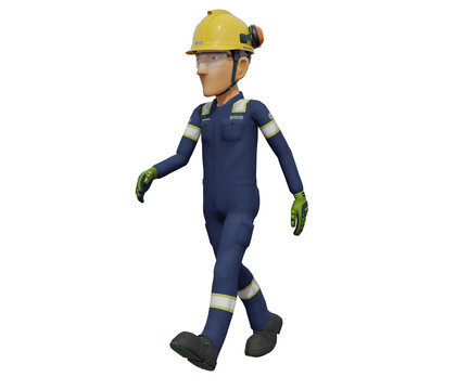 Isolated industrial worker is walking on white background