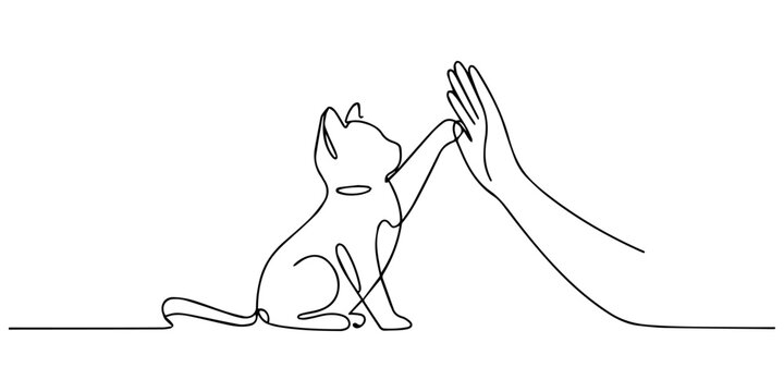 cat giving high five continuous one line drawing, Single one line drawing a man in casual clothes sitting on the floor giving a high five to a cat. Very familiar with beloved pets. National High Five 