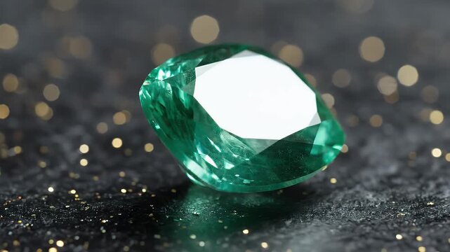 A faceted emerald gemstone rests on a dark, textured surface with blurred golden lights