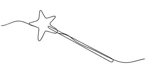 featuring a black magic wand with star continuous one line drawing, Continuous line drawing magic wand with a star tip emits sparkling stars, rendered in a minimalist black and white illustration pro. © Gerish