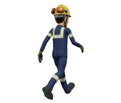 Isolated industrial worker is walking on white background