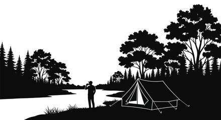 Camping scene with a man and tent by a river silhouette © MdGolam