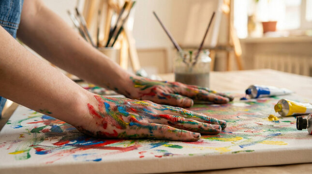 Close-up of artist hands covered in vibrant messy paint creating an abstract artwork on canvas in a bright studio