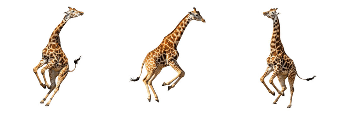  Set of three giraffes jumping in group isolated on white background