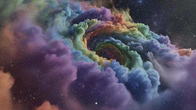 Vibrant Rainbow Swirling Nebula in Outer Space With Stars and Particles