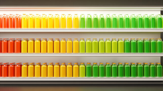 A colorful display of juice bottles arranged on shelves, showcasing a vibrant variety of flavors and colors for refreshing choices.