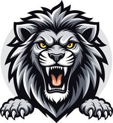 Obraz premium Powerful grey lion head mascot with roaring open mouth and sharp claws for esports team and corporate brand identity.