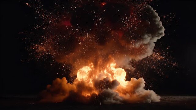 Intense fiery mushroom cloud explosion against a black background, with embers