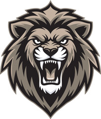 Fototapeta premium Fierce roaring lion head mascot logo for sports and gaming teams with aggressive expression and sharp teeth.