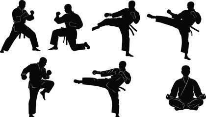 Martial arts karate fighter silhouette set performing kicks punches fighting stances and meditation pose isolated on white background combat training concept © urmilarani